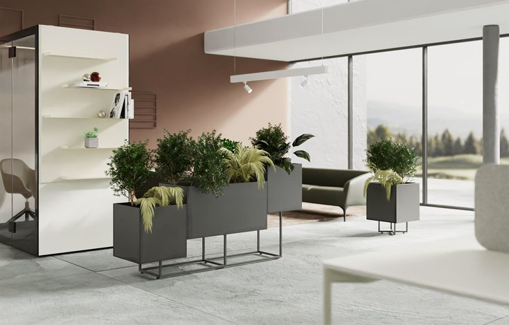 Porte-Plante Jungla, Une Touche De luxe Italien Jungla est le porte-plante entièrement en métal, disponible en différentes couleurs époxy. C'est un système de vases soutenus par une base qui les surélève du sol, créant de véritables cloisons vertes. Il est proposé en versions à un ou trois pots.
